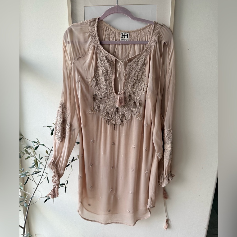 Haute Hippie Blush Long-Sleeve Embroidered Peasant Dress